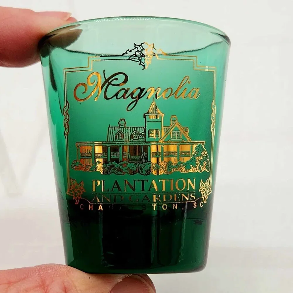 Magnolia Plantation Green & Gold Shot Glass Charleston SC Collectible Souvenir